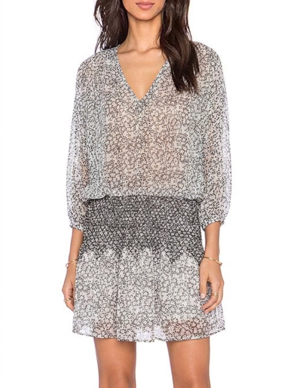 Ulla Johnson 100% Silk Samira Smocked Waist Mini Dress - Dove Black White Size S